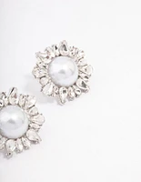 Silver Pearl & Cluster Statement Stud Earrings