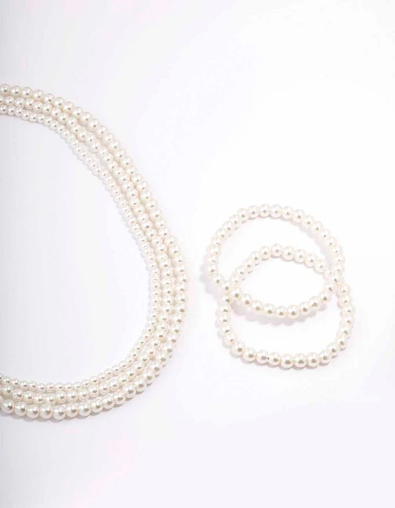 Silver Pearl Layered Necklace & Bracelet Set