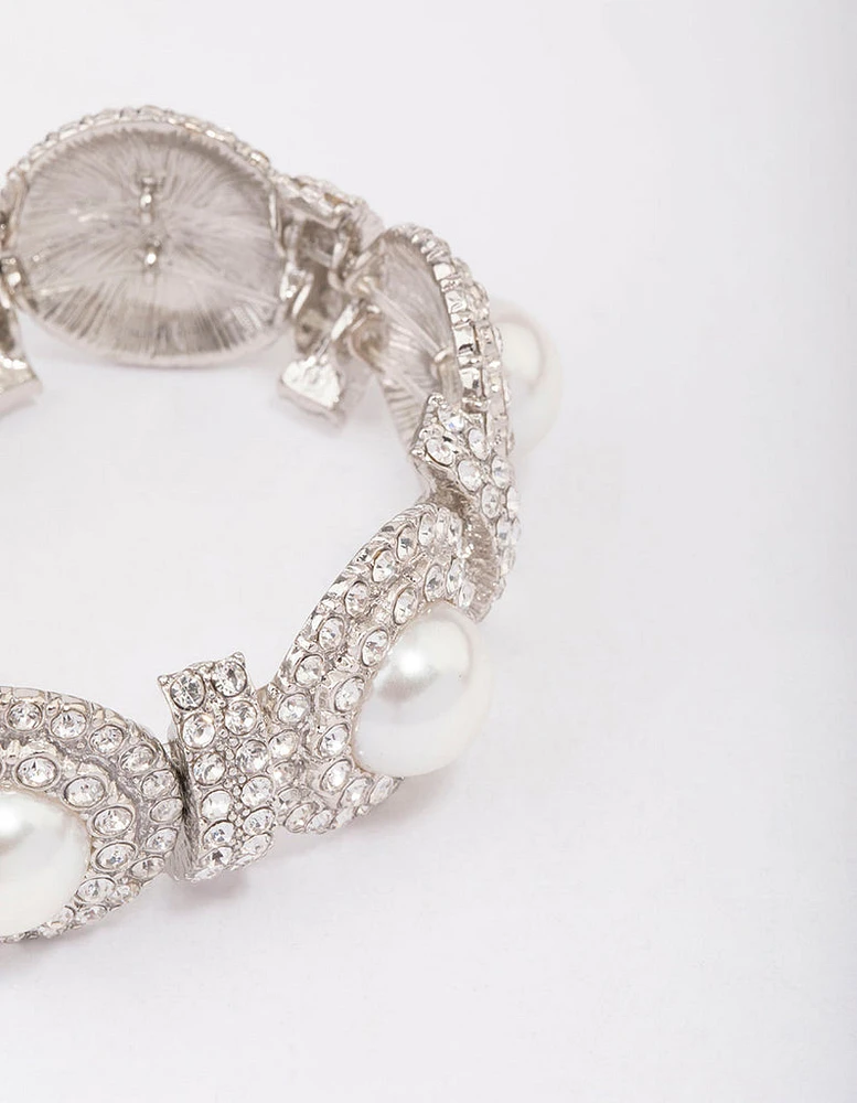 Silver Pearl & Diamante Stretch Bracelet