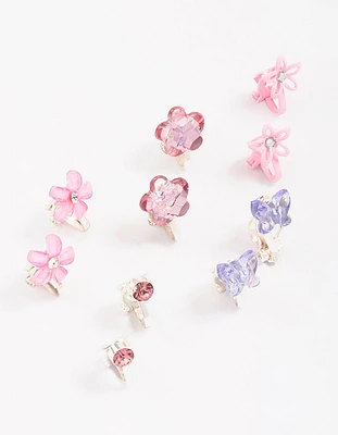 Kids Crystal Butterfly & Flower Clip On Earring 5-Pack