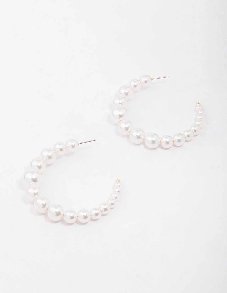 Gold Medium Pearl Hoop Earrings