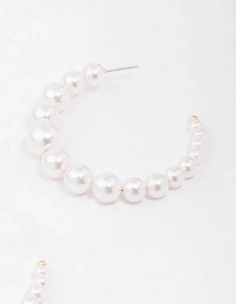 Gold Medium Pearl Hoop Earrings