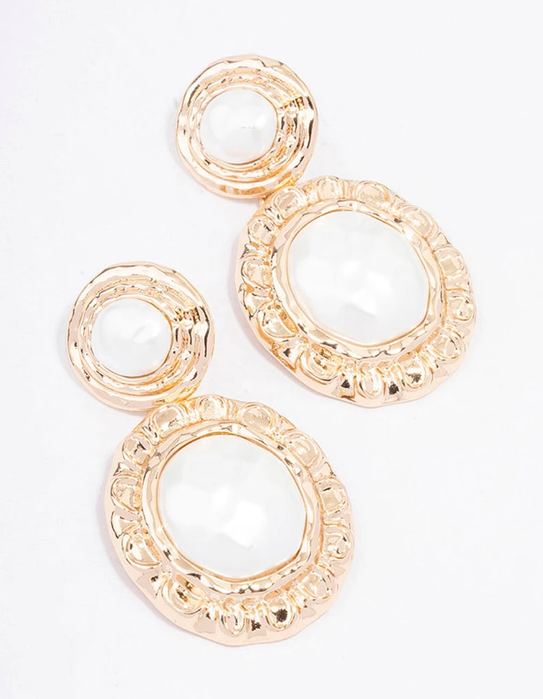 Gold Textured Double Pearl Drop Earrings