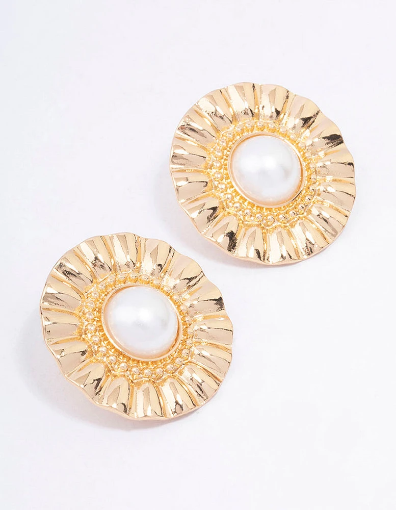 Gold Fan Pearl Statement Stud Earrings