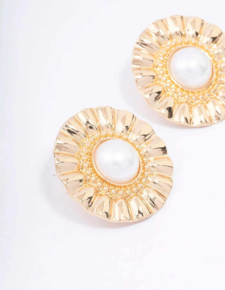 Gold Fan Pearl Statement Stud Earrings