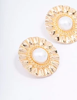 Gold Fan Pearl Statement Stud Earrings