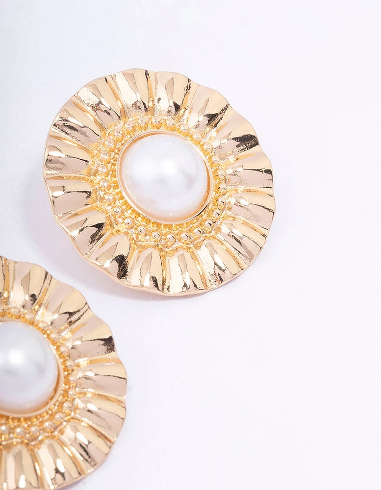 Gold Fan Pearl Statement Stud Earrings