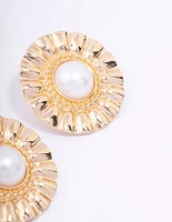 Gold Fan Pearl Statement Stud Earrings