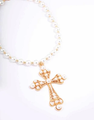 Gold Pearl Large Cross Pendant Necklace