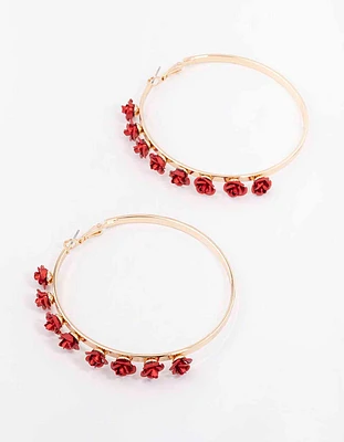 Gold Linear Rose Hoop Earrings