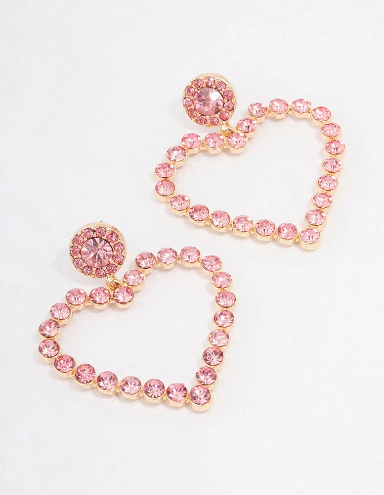 Gold Pink Diamante Luxe Heart Drop Earrings