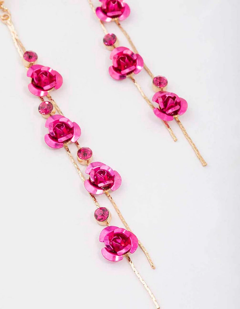 Gold Climbing Hot Pink Rose Drop Earrings