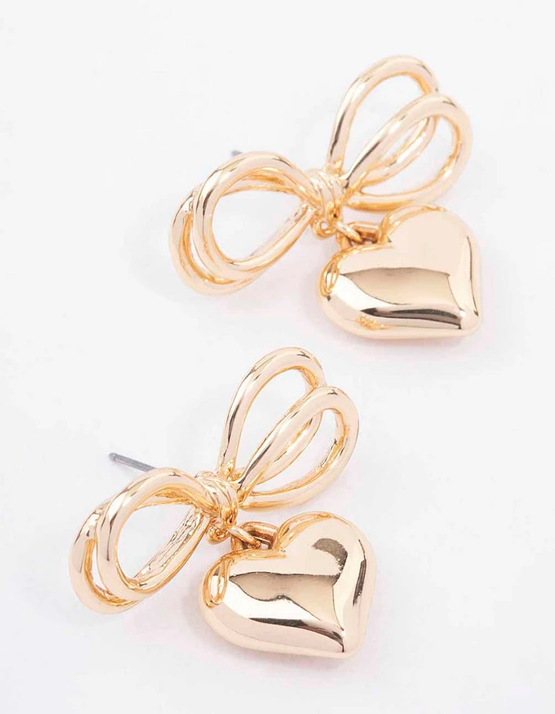 Gold Heart Bow Drop Earrings