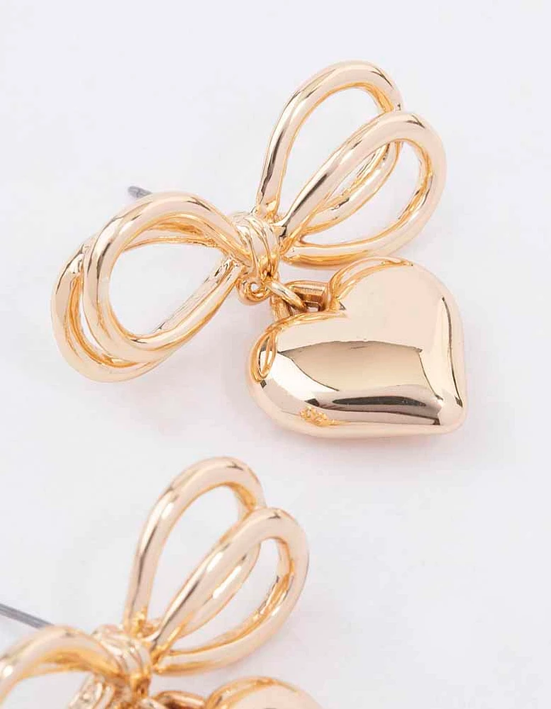 Gold Heart Bow Drop Earrings