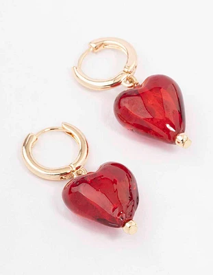 Gold Painted Red Heart Hoop Earrings