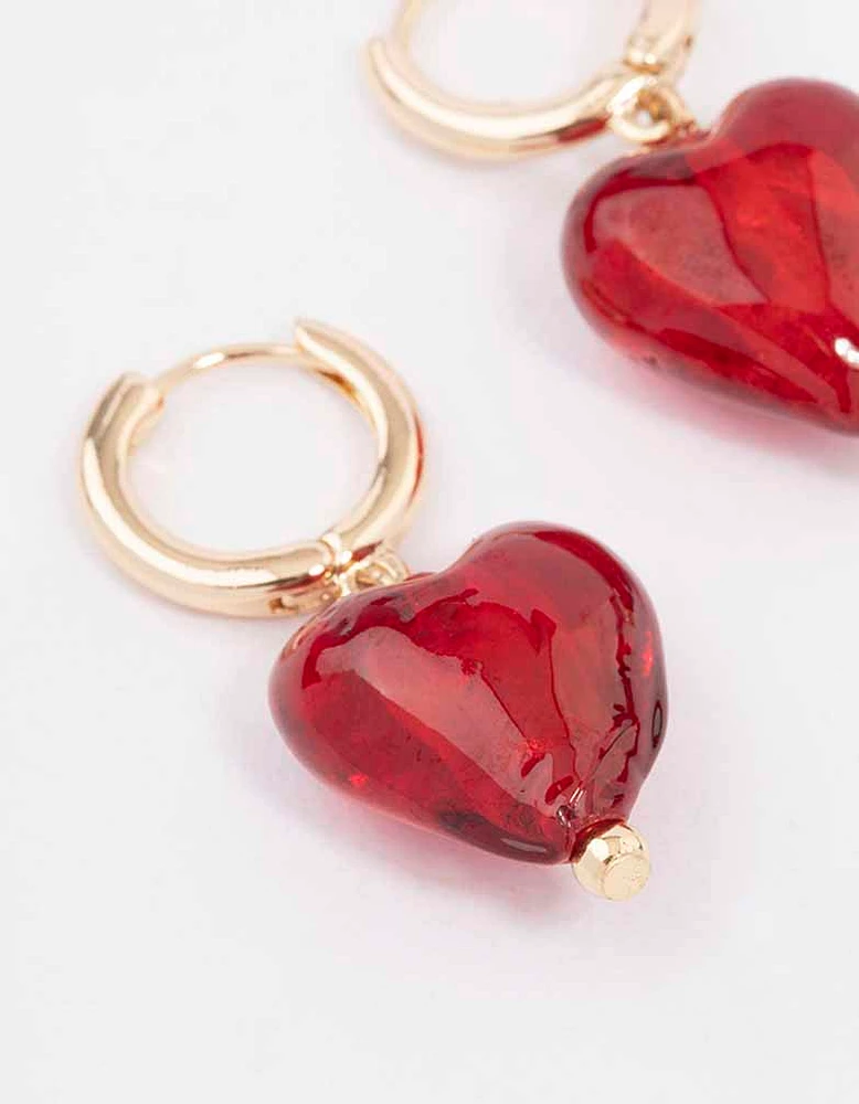 Gold Painted Red Heart Hoop Earrings