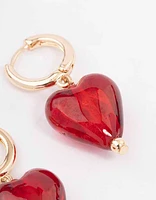 Gold Painted Red Heart Hoop Earrings