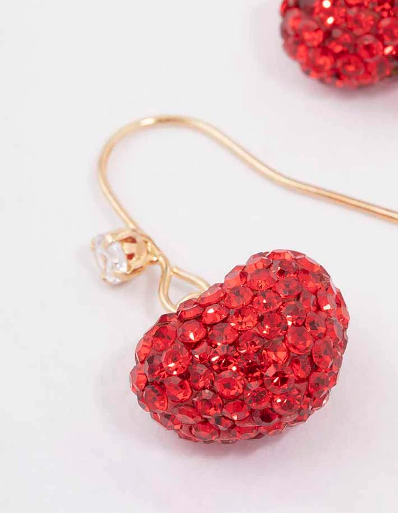 Gold & Red Glamorous Puffy Heart Drop Earrings