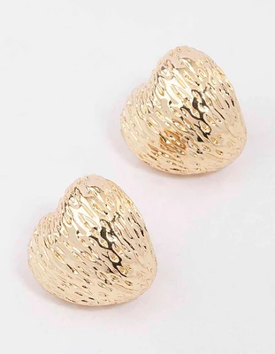 Gold Puffy Textured Heart Stud Earrings