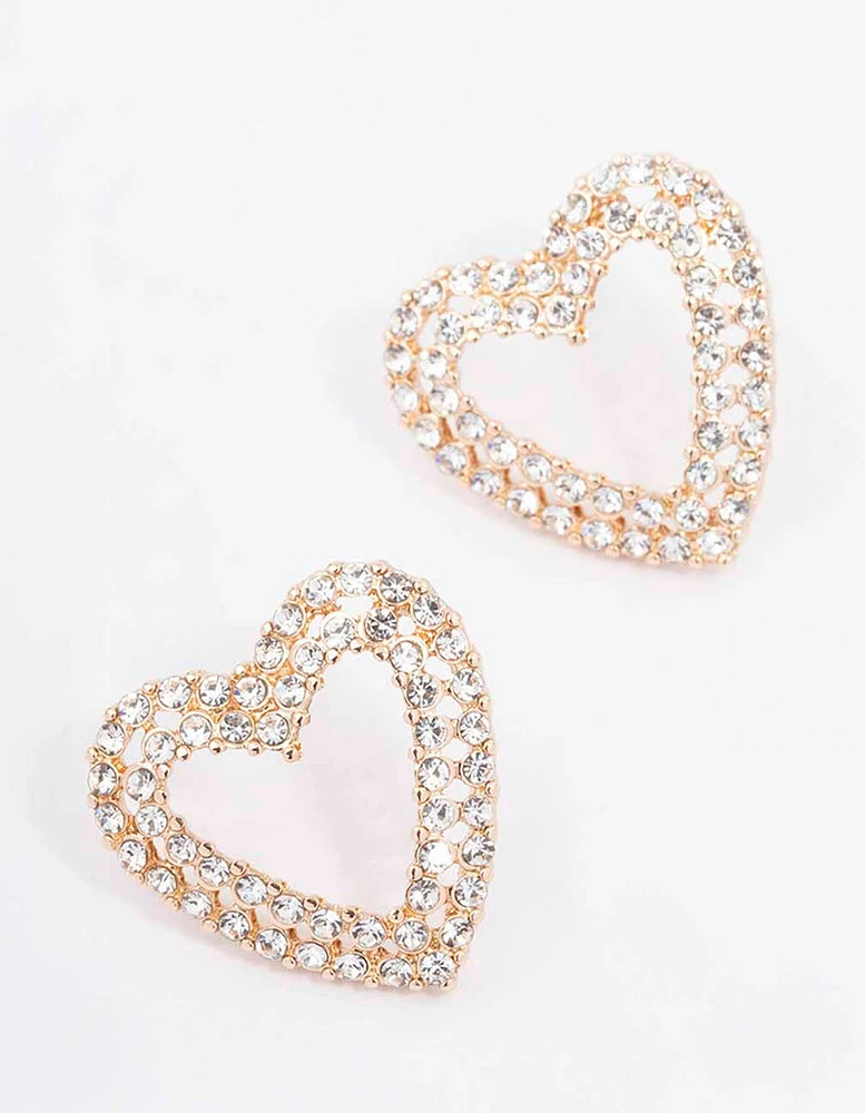 Gold Bling Heart Stud Earrings