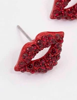Red Bling Diamante Lip Stud Earrings