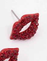 Red Bling Diamante Lip Stud Earrings