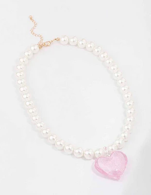 Gold & Pink Pearl Puffy Heart Necklace