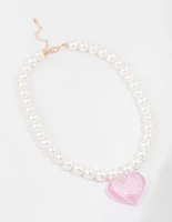 Gold & Pink Pearl Puffy Heart Necklace