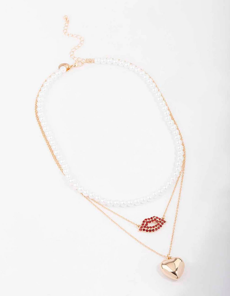 Gold Heart & Lips Glamorous Layered Necklace