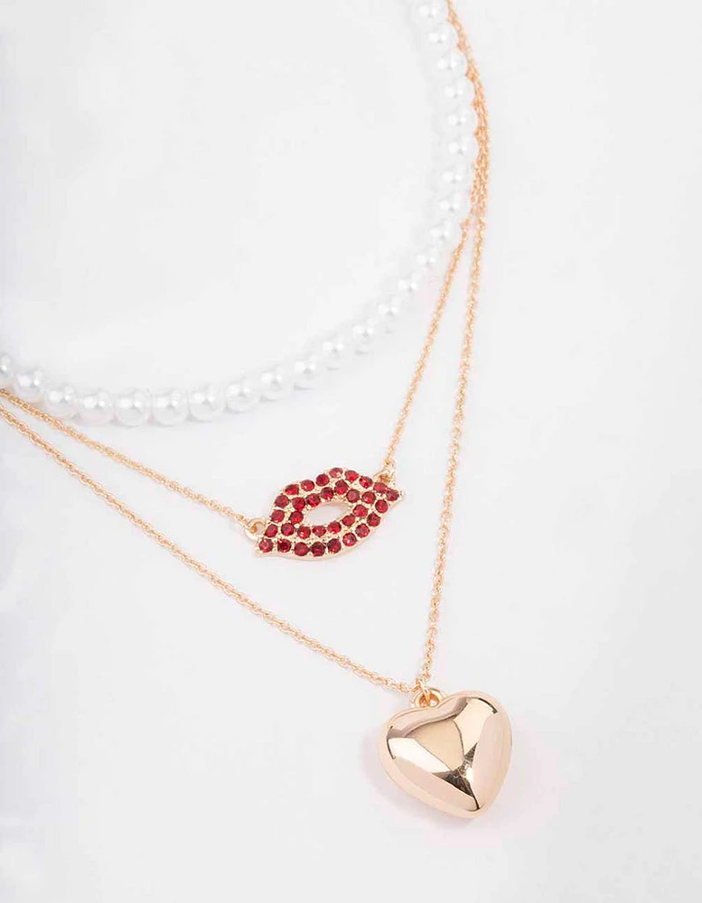 Gold Heart & Lips Glamorous Layered Necklace