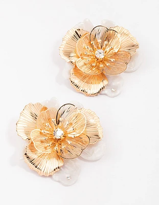 Gold Large Flower Statement Stud Earrings