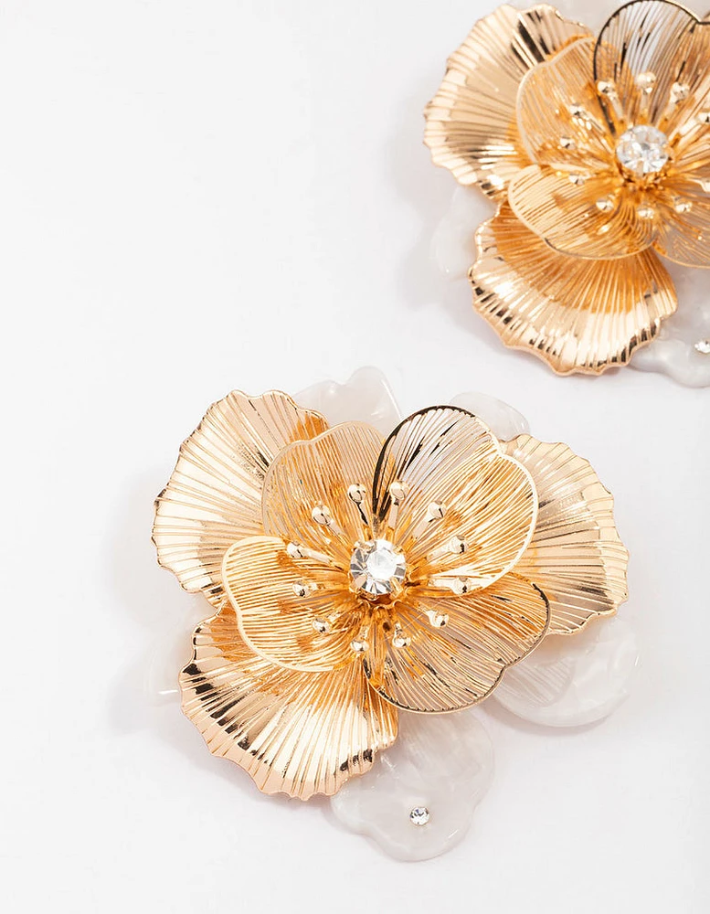 Gold Large Flower Statement Stud Earrings