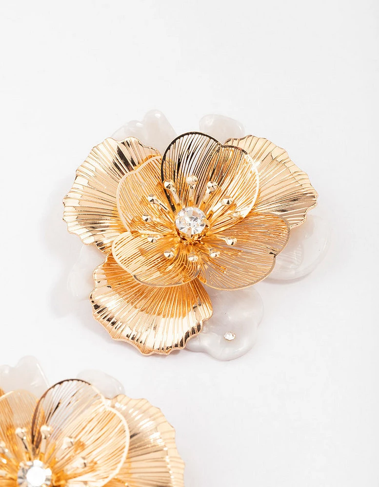 Gold Large Flower Statement Stud Earrings