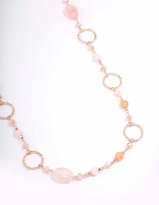 Rose Gold Long Pink Beaded Disc Necklace