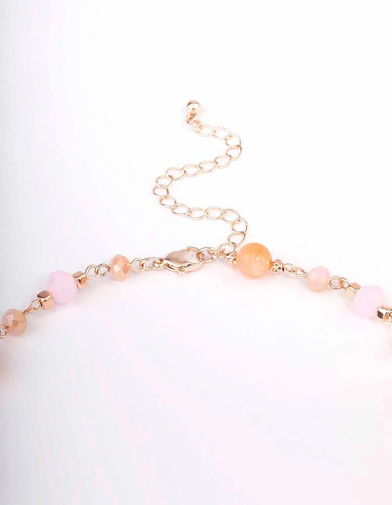 Rose Gold Long Pink Beaded Disc Necklace