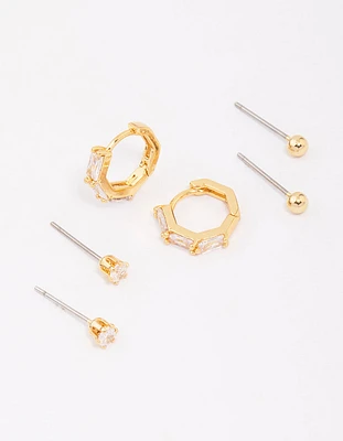 Gold Plated Baguette Gold Ball Earring 6-Pack