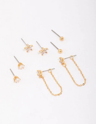 Gold Plated Heart & Flower Chain Earring 4-Pack