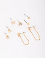 Gold Plated Brass Heart & Flower Chain Earring 4-Pack