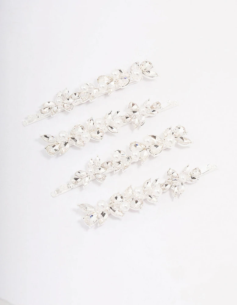 Silver Crystal & Pearl Leaf Hair Clip 4-Pack