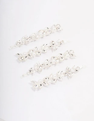 Silver Crystal & Pearl Leaf Hair Clip 4-Pack