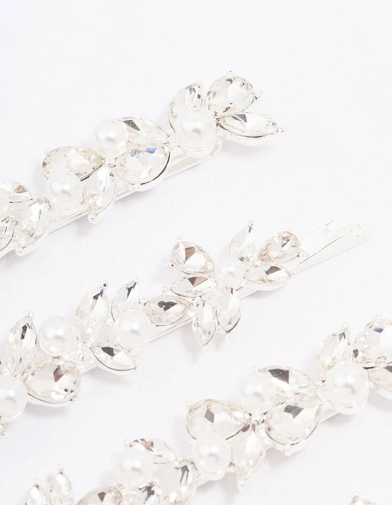 Silver Crystal & Pearl Leaf Hair Clip 4-Pack