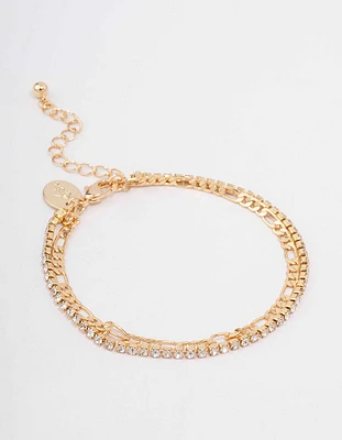 Gold Plated Brass Double Chain & Crystal Bracelet