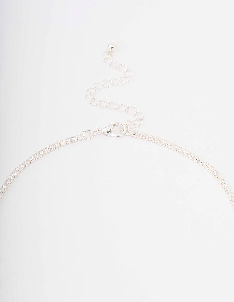 Silver Fine Ribbon Cubic Zirconia Lariat Necklace