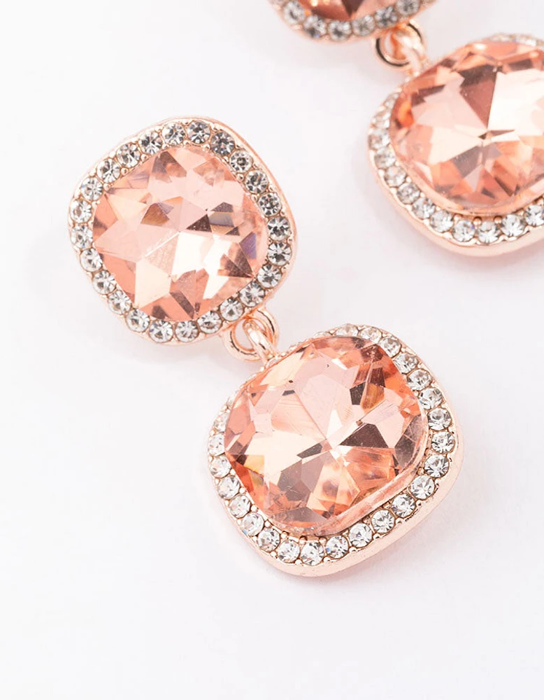 Rose Gold Double Square Halo Drop Earrings