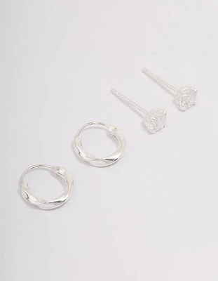 Sterling Silver Cubic Zirconia & Twisted Hoop Earrings