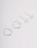 Sterling Silver Cubic Zirconia & Twisted Hoop Earrings