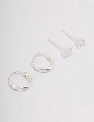 Sterling Silver Cubic Zirconia & Twisted Hoop Earrings