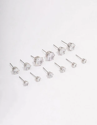 Rhodium Classic Round Cubic Zirconia Earring 6-Pack