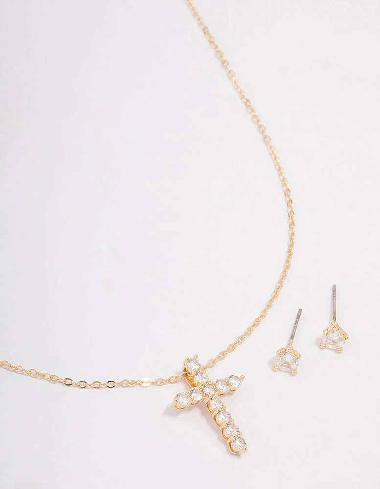 Gold Large Round Cubic Zirconia Cross Jewellery Set