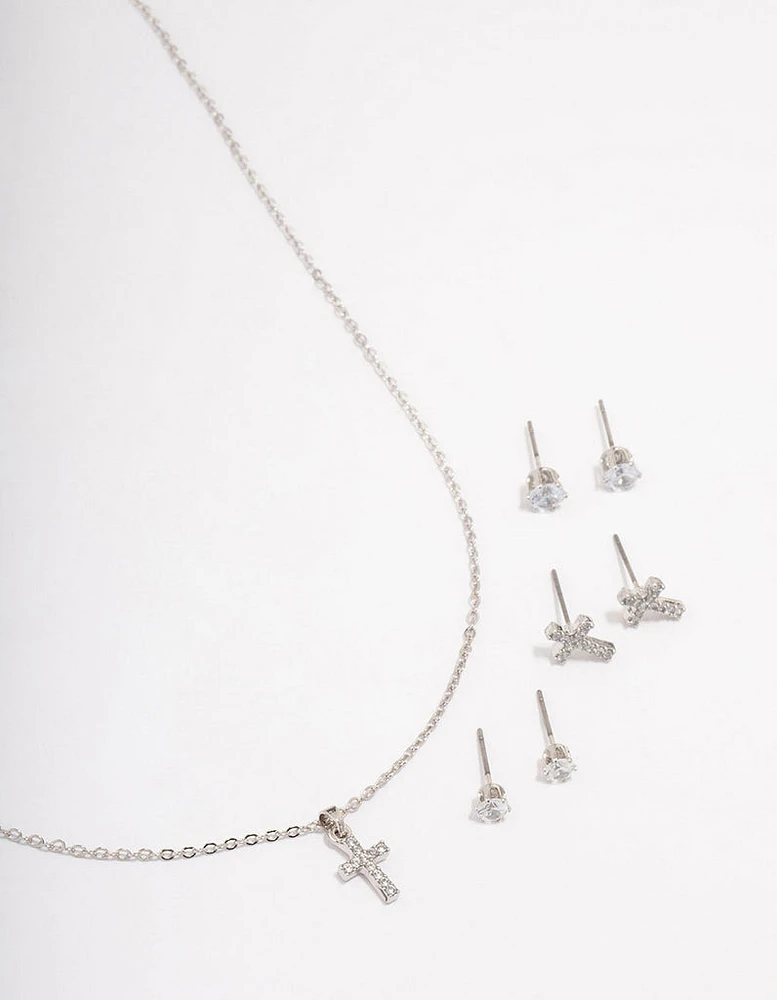 Rhodium Cross Necklace & Earring Jewellery Set